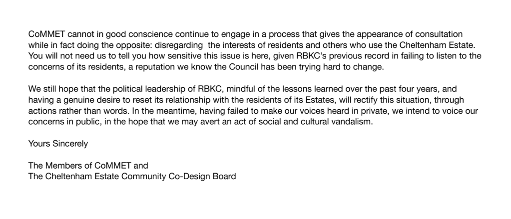 Local community group CoMMET accuse the RBKC of failing to listen to concerns and conducting a false consultation. 