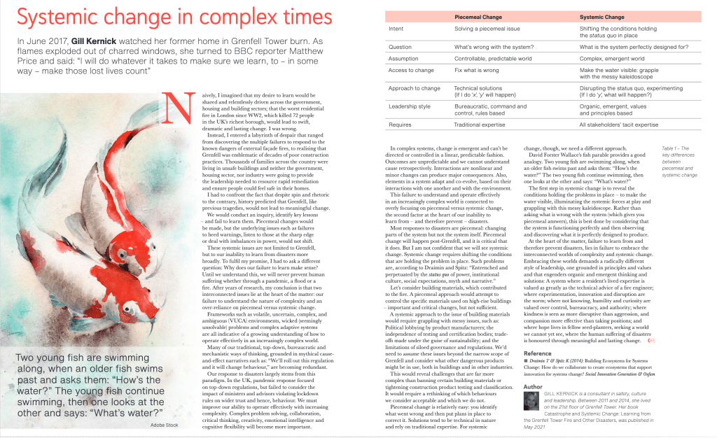 Systemic Change in Complex Times. Gill Kernick Article published in Crisis Response Journal December 2021.