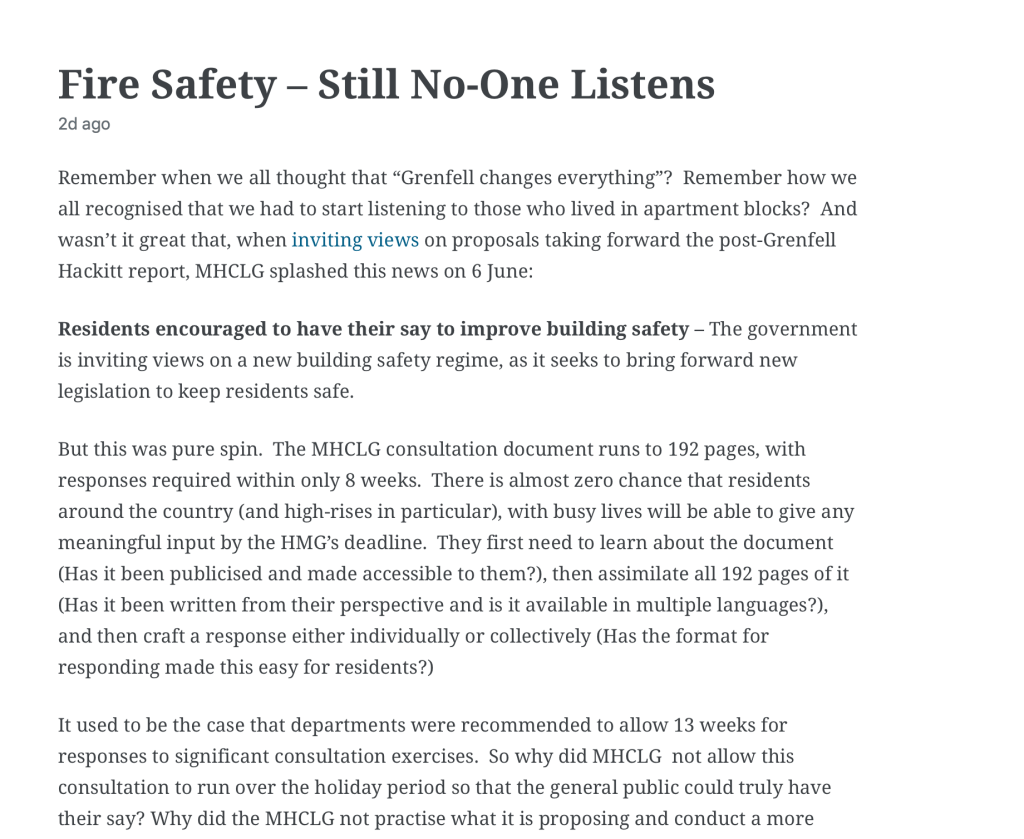 Link to Martin Stanley blog on MHCLG consultation and failure to ensure strong resident voice. 